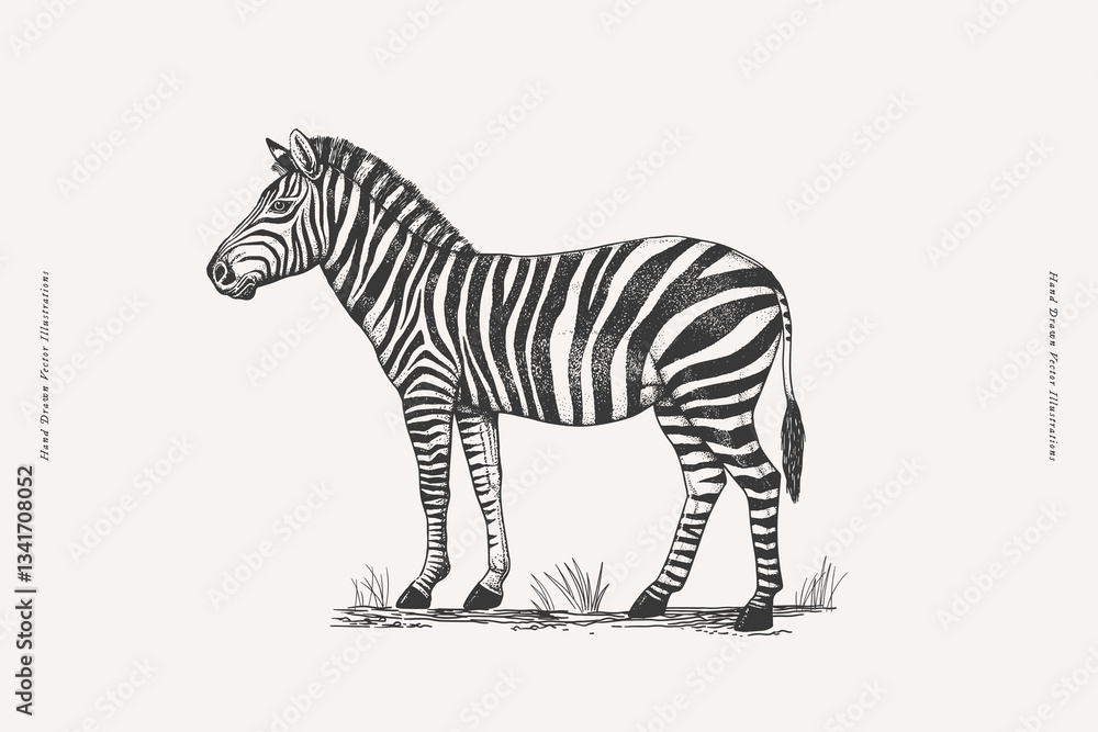Fototapeta premium Zebra standing on grass. Hand-drawn black and white vintage engraving-style vector illustration. Wildlife and safari animal sketch for design and print.