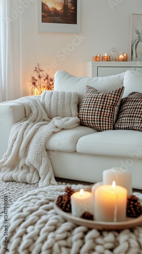 Cozy Living Room With Candles and Soft Decor in Warm Evening Light