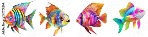 Vibrant and colorful fish display in various poses, showcasing striking patterns and hues.