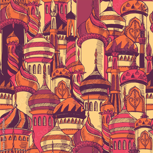 Ramadan greeting seamless pattern with silhouette of mosque. Multicolor seamless background. Ramadan Kareem. Creative design concept for muslim holiday.