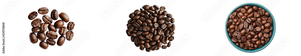 A white background isolates a pile of coffee beans, which are photographed from a top-down view A white background isolates a pile of coffee beans, which are photographed from a top-down view