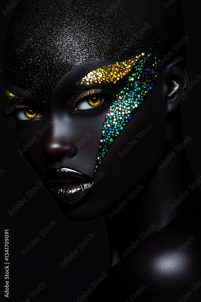 Beautiful face of a young dark-skinned girl, encrusted with jewels, surrealism