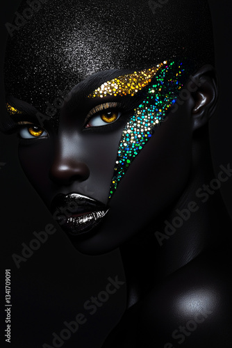 Obraz na płótnie Beautiful face of a young dark-skinned girl, encrusted with jewels, surrealism w salonie