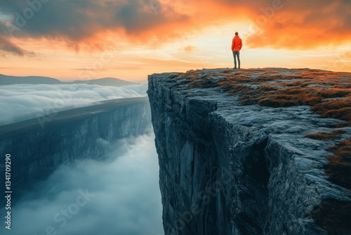 Majestic View From Cliff Edge at Sunset With Hiker Gazing Over Vast Landscape...