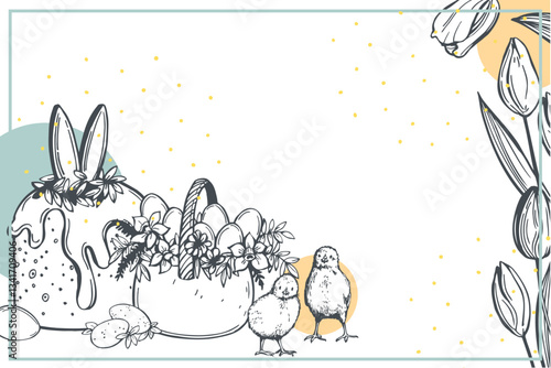 Happy Easter set. Easter cake. and spring flowers.  Vector background. Sketch  illustration. 