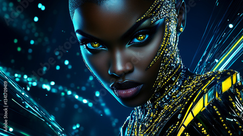 Obraz na płótnie Beautiful face of a young dark-skinned girl, encrusted with jewels, surrealism w salonie