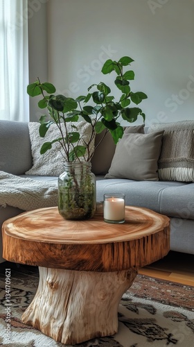 Cozy Living Room With a Candle and Plant on a Wooden Coffee Table in the Afte...