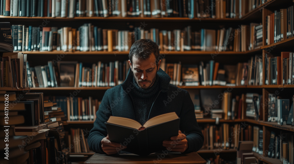 Man enjoys quiet reading time in a cozy library surrounded by books Man enjoys quiet reading time in a cozy library surrounded by books