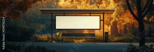 Bus Stop Shelter Surrounded by Colorful Autumn Trees in a Serene Park Setting