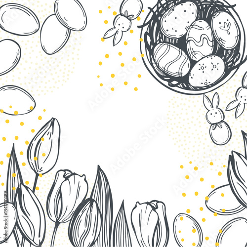 Happy Easter set. Easter eggs  and spring flowers.  Vector background. Sketch  illustration. 