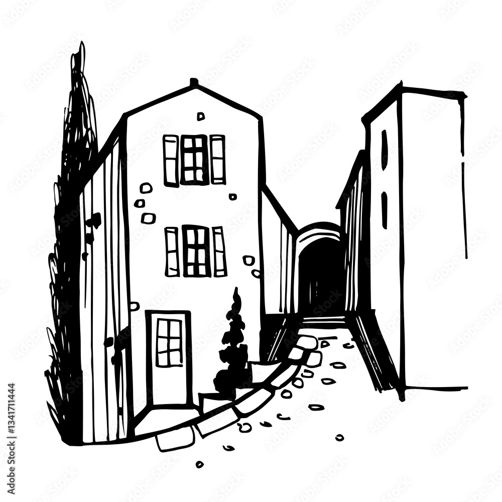 Fototapeta premium Hand-drawn landscape of Tuscany. Vector sketch illustration.