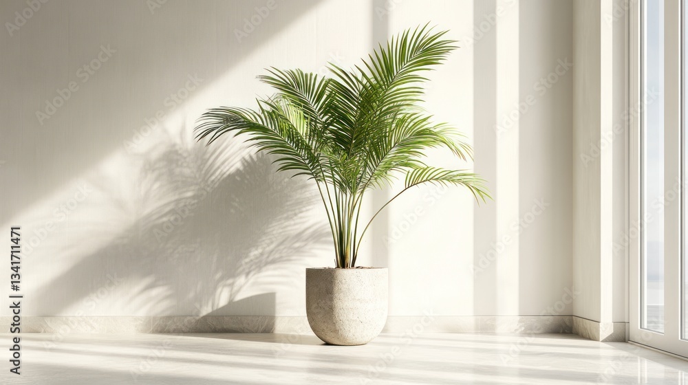 Fototapeta premium A single large palm tree in a neutral-toned pot with a stone base, positioned in a bright and airy room to evoke a sense of calm and natural beauty