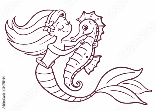 Mermaid hugs seahorse . Coloring page. Coloring book. Drawing of Mermaid hugs seahorse isolated on a white background. Vector outline