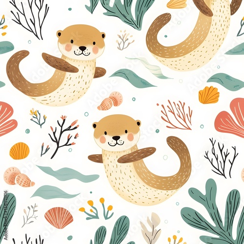 A seamless pattern of playful otters floating on their backs with little seashells.