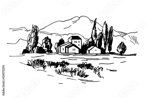 Hand-drawn landscape of Tuscany. Vector sketch  illustration.