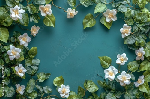 White Blossoms and Green Leaves Framing a Textured Surface in a Bright, Natur...