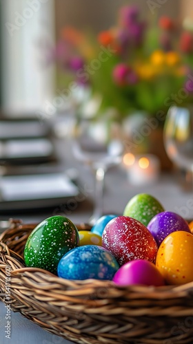 Colorful Easter Eggs in a Woven Basket on a Dining Table Surrounded by Flower...