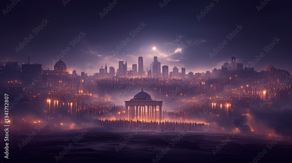 Naklejka premium Night Cityscape Futuristic Metropolis Illuminated Skyline Dramatic Lighting Fantasy Ar