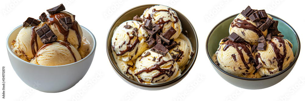 Generative Ai has created an image of a white bowl holding a scoop of vanilla ice cream smothered in chocolate sauce, set against a transparent background Generative Ai has created an image of a white bowl holding a scoop of vanilla ice cream smothered in chocolate sauce, set against a transparent background