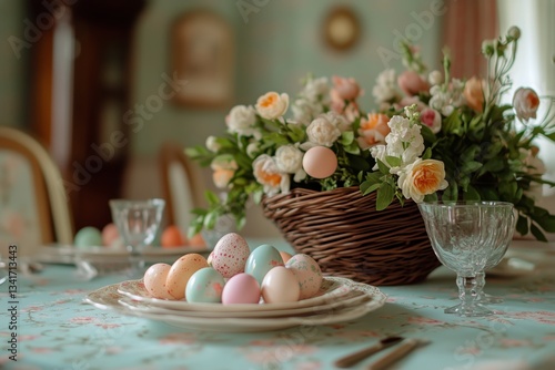Colorful Decorative Eggs Arranged in a Woven Basket on a Soft Surface With Na...