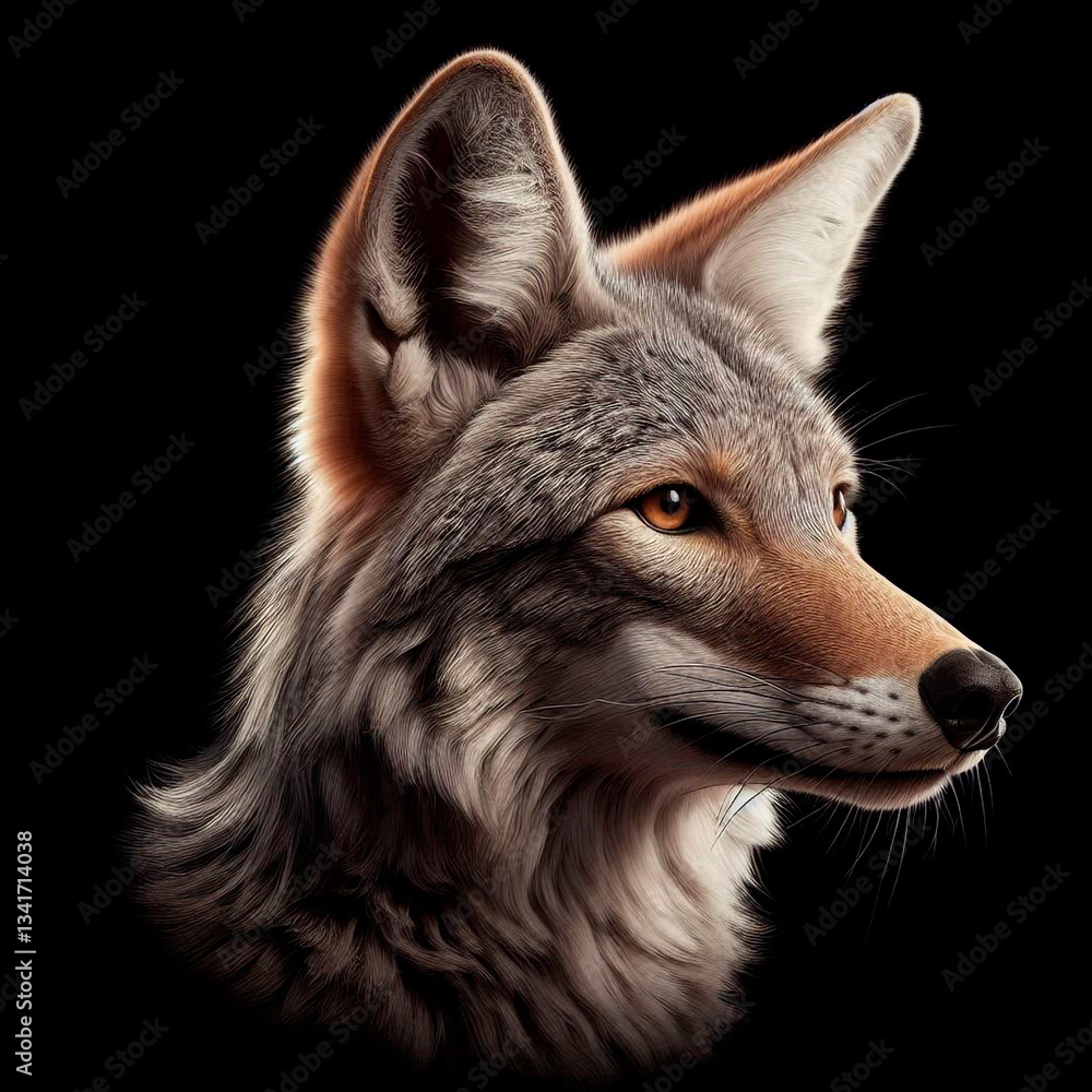 Fototapeta premium Portrait of a coyote head on a black background.