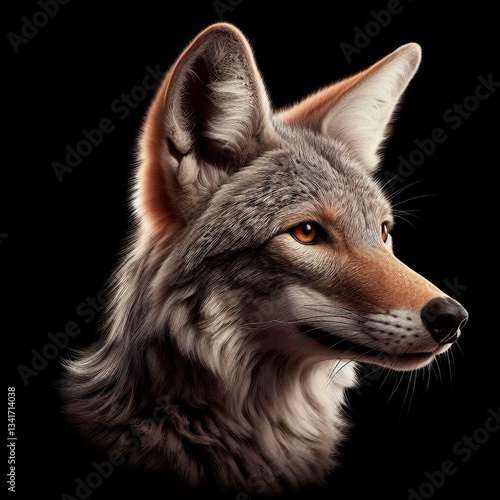 Portrait of a coyote head on a black background.