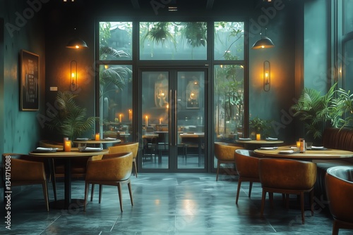 Cozy Evening Setting in a Modern Cafe With Plants and Warm Lighting Creating ...