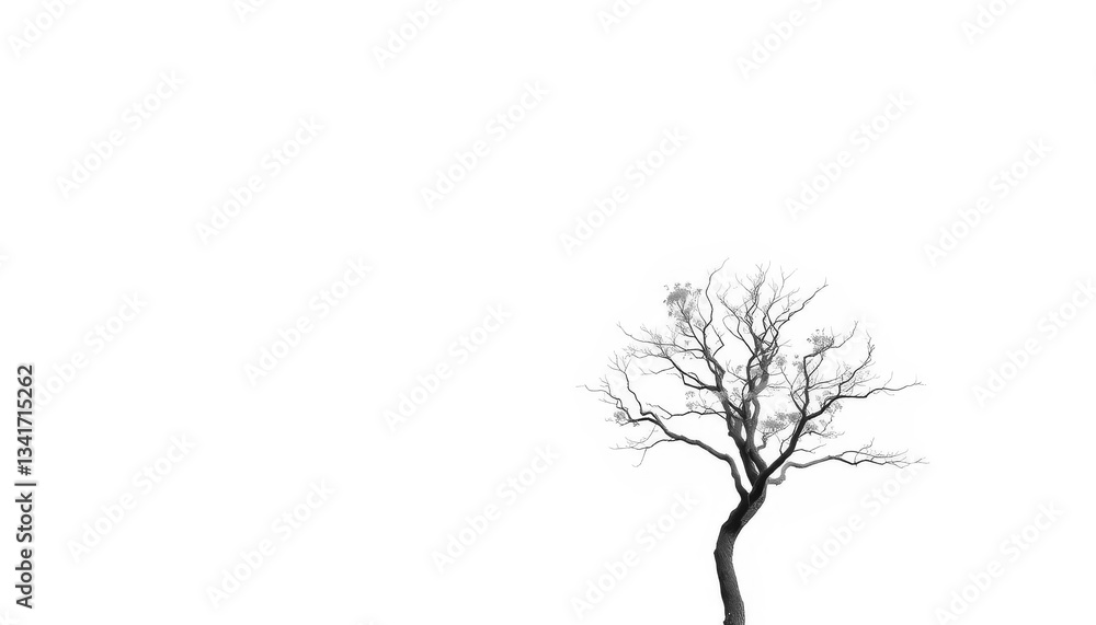 Fototapeta premium A solitary tree, branches reaching skyward, stark white background, isolated, illustration