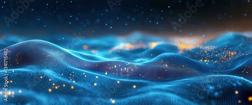 Waves of Blue Light Create a Shimmering Effect in an Abstract Digital Landscape