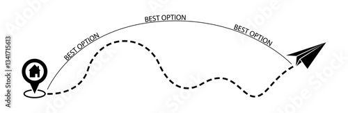 Flight plane with line route, pointer vector illustration. Travel, transport concept illustration to use for tourism, summer holiday, business travel, best option holiday planning design projects.