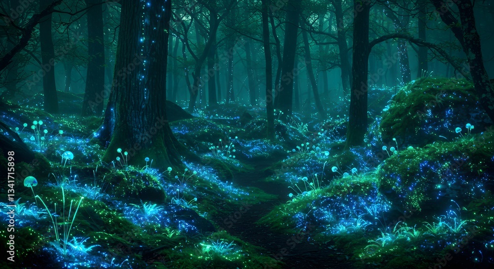 Fototapeta premium Enchanted Forest with Glowing Lights and Fairy Tale Atmosphere in the Dark