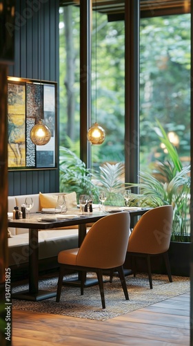 Elegant Dining Area With Lush Greenery in a Modern Restaurant During the Day