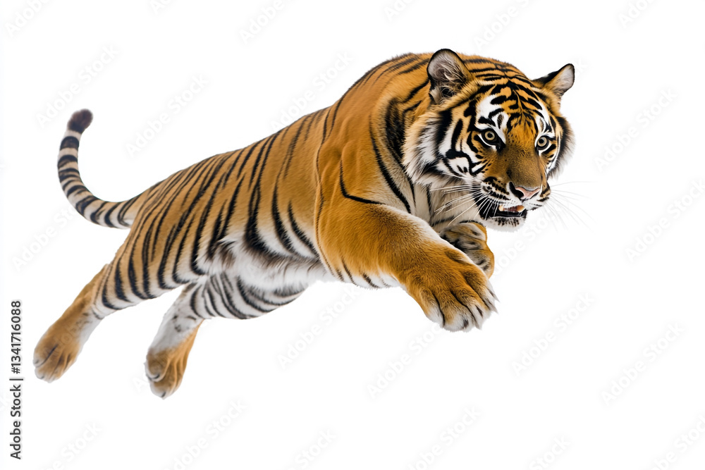Fototapeta premium Powerful leaping tiger wildcat animal wildlife nature image big jump black white beast speed photo