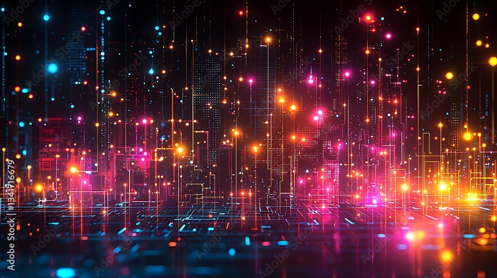 Obraz premium Abstract Digital Cityscape Glowing with Data and Connections in Vibrant Colors