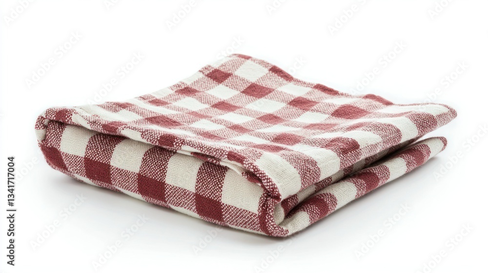 A folded kitchen towel with checkered patterns on white. A folded kitchen towel with checkered patterns on white.