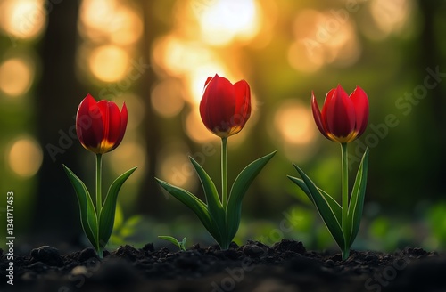 Bright Red Tulips Blooming in a Lush Garden During a Sunny Afternoon