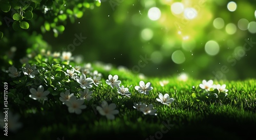 Vibrant Flowers Bloom on Lush Green Grass in a Serene Sunlight-Filled Environ...