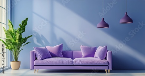 Modern Purple Living Room With Stylish Sofa and Indoor Plants