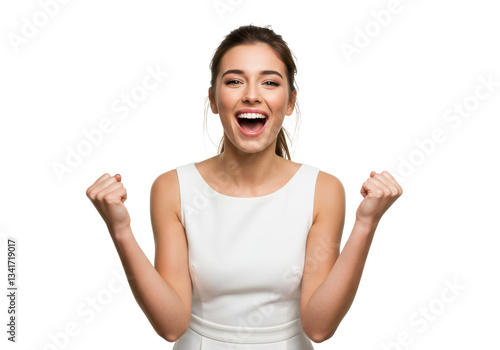 Young happy celebrating woman saying yes, she is a winner isolated on White background