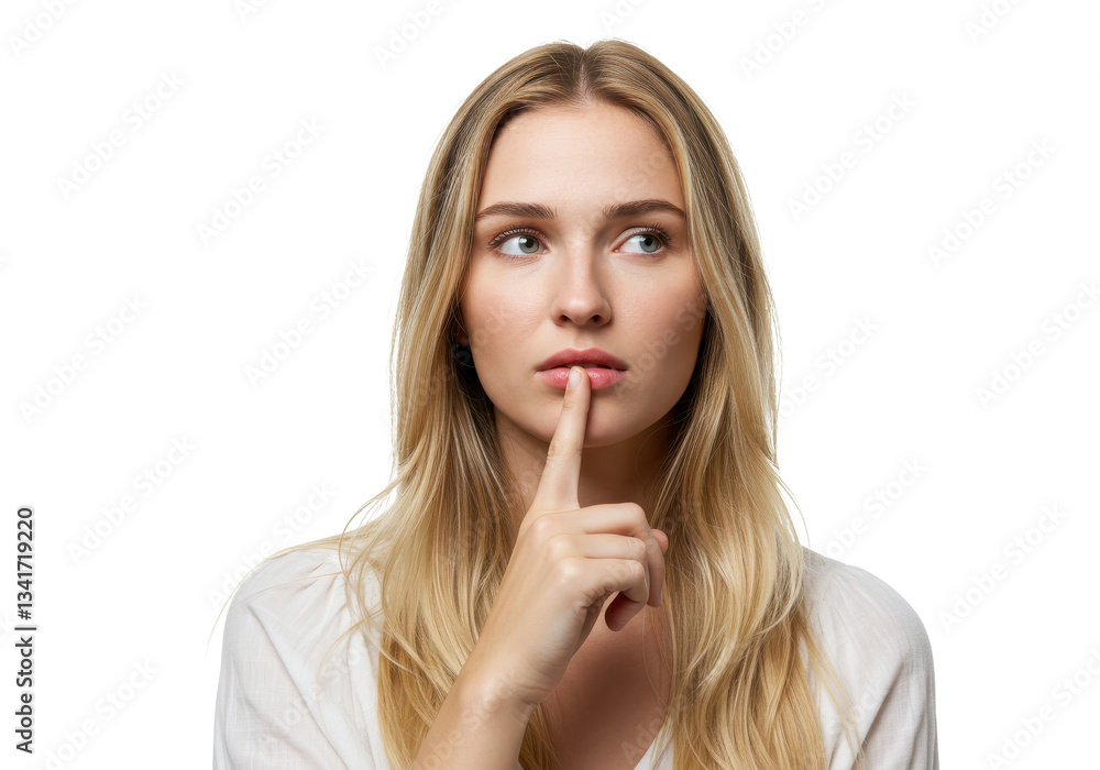 Portrait of curious woman touching lips with finger looking away isolated on White background Portrait of curious woman touching lips with finger looking away isolated on White background