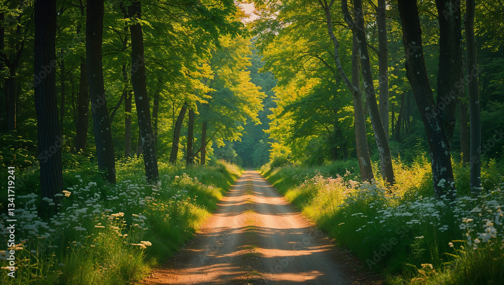 Obraz premium Dirt road leading into lush green forest at sunset