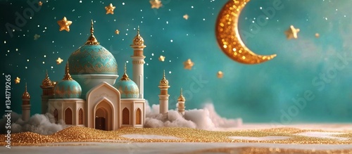 Beautiful Mosque With Crescent Moon at Night in a Starry Sky