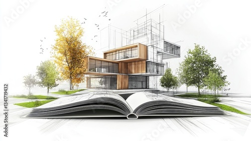 drawing of an open book showing photos of modern architecture