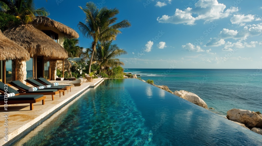 Fototapeta premium Relaxing by the Infinity Pool at a Tropical Resort Overlooking the Ocean in a Serene Setting