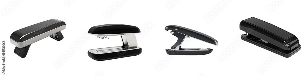 A sleek, modern stapler displayed from multiple angles, showcasing its design and functionality. A sleek, modern stapler displayed from multiple angles, showcasing its design and functionality.