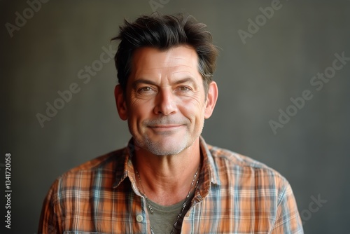 Portrait of a Smiling Man Wearing a Plaid Shirt Against a Dark Background Ind...