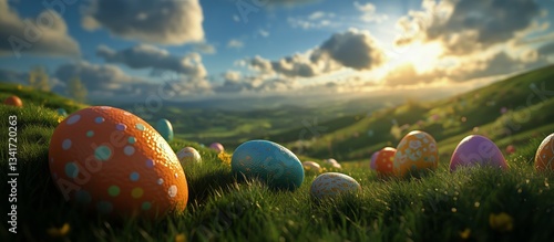 Colorful Eggs Scattered in a Vibrant Meadow Under a Sunny Sky in Springtime