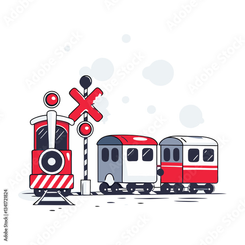 Cute train at a railway crossing vector illustration featuring a red and white locomotive with carriages and a crossing sign in a modern, minimal style.