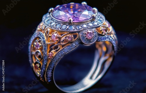 Intricate Vintage Ring Featuring Amethyst and Diamonds in a Shimmering Golden...