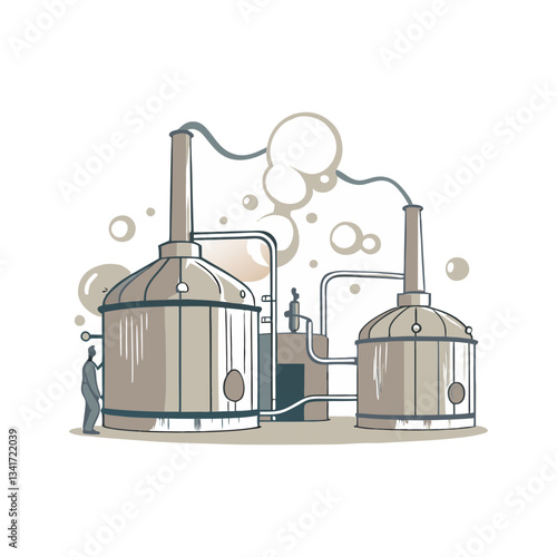 Brewery factory vector illustration featuring large industrial brewing tanks with steam and pipes, representing beer production, fermentation, and modern manufacturing.